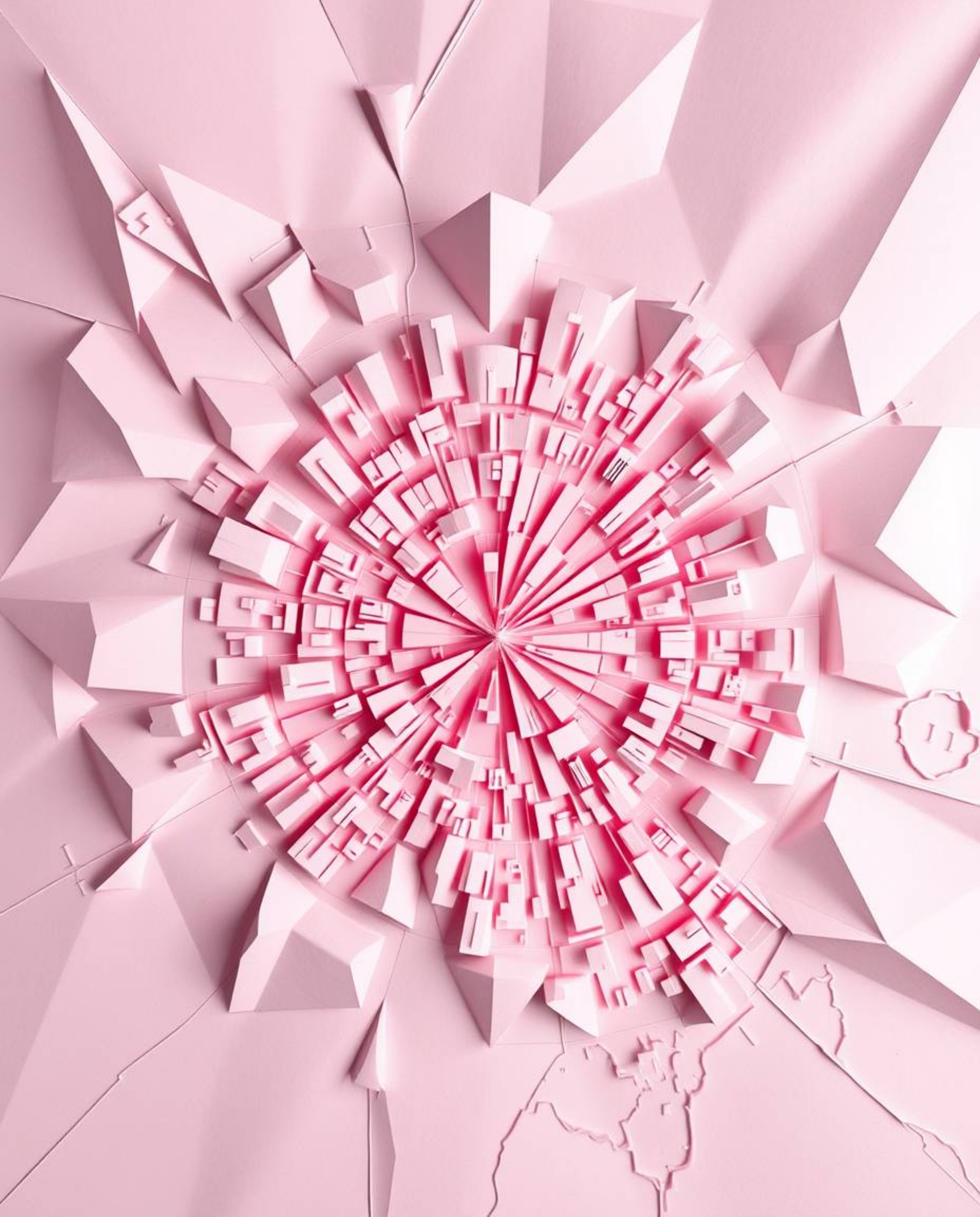 Discover a captivating abstract city map rendered in infrared tones, meticulously crafted from geometric shapes in an origami