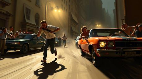This dynamic digital painting depicts a thrilling chase scene brought to life with exaggerated squash and stretch animation p