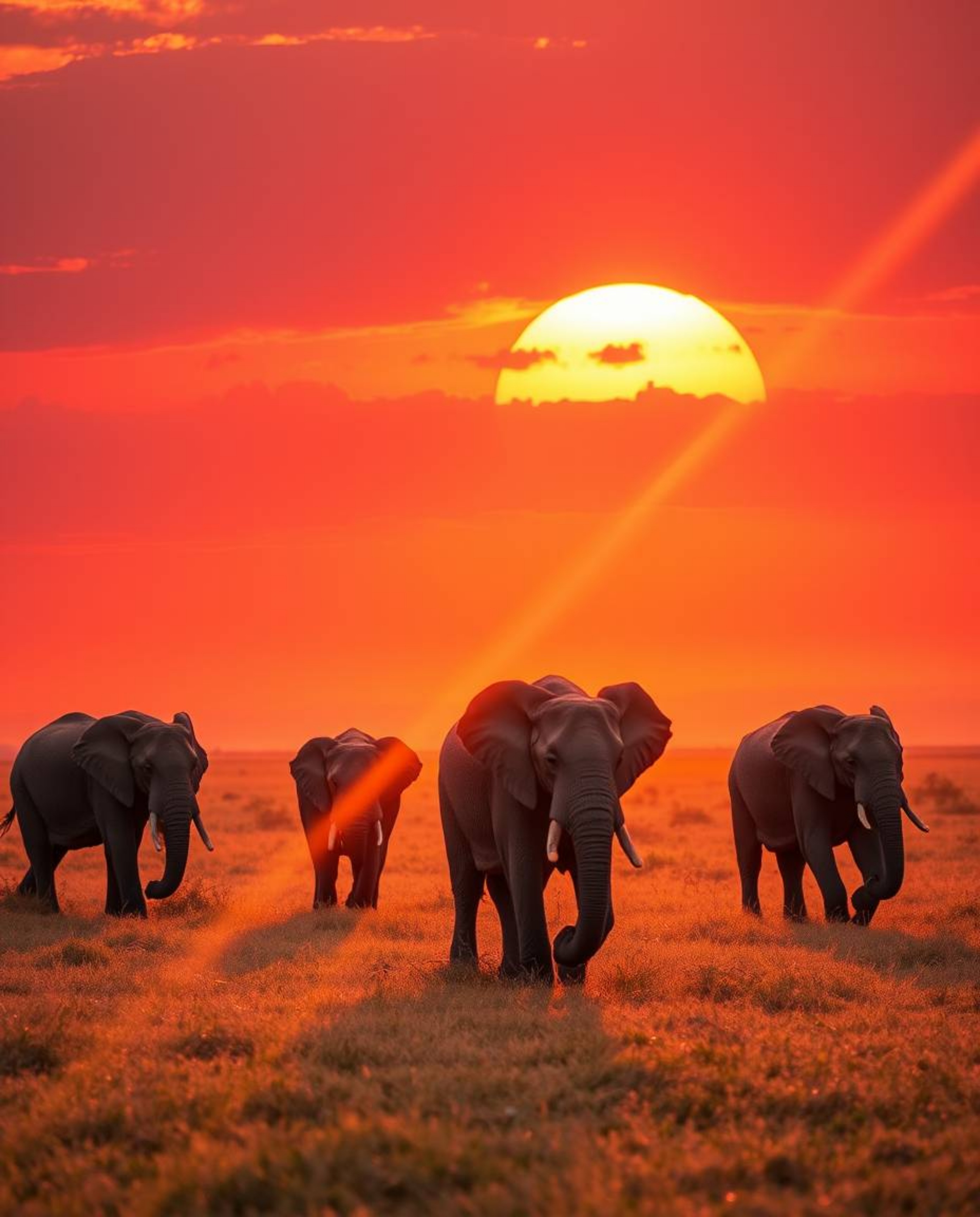 This is a photograph depicting elephants walking across a field at sunset, distinguished by a warm, bright lens flare. The co