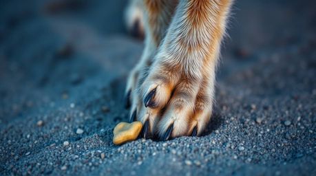 An extreme macro close-up showcases a coyote's paw carefully placing a small, oddly shaped object in the desert sand. The ima