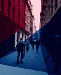 A captivating candid street photograph captures a sophisticated urban scene with a rich burgundy and deep blue 3D geometric p