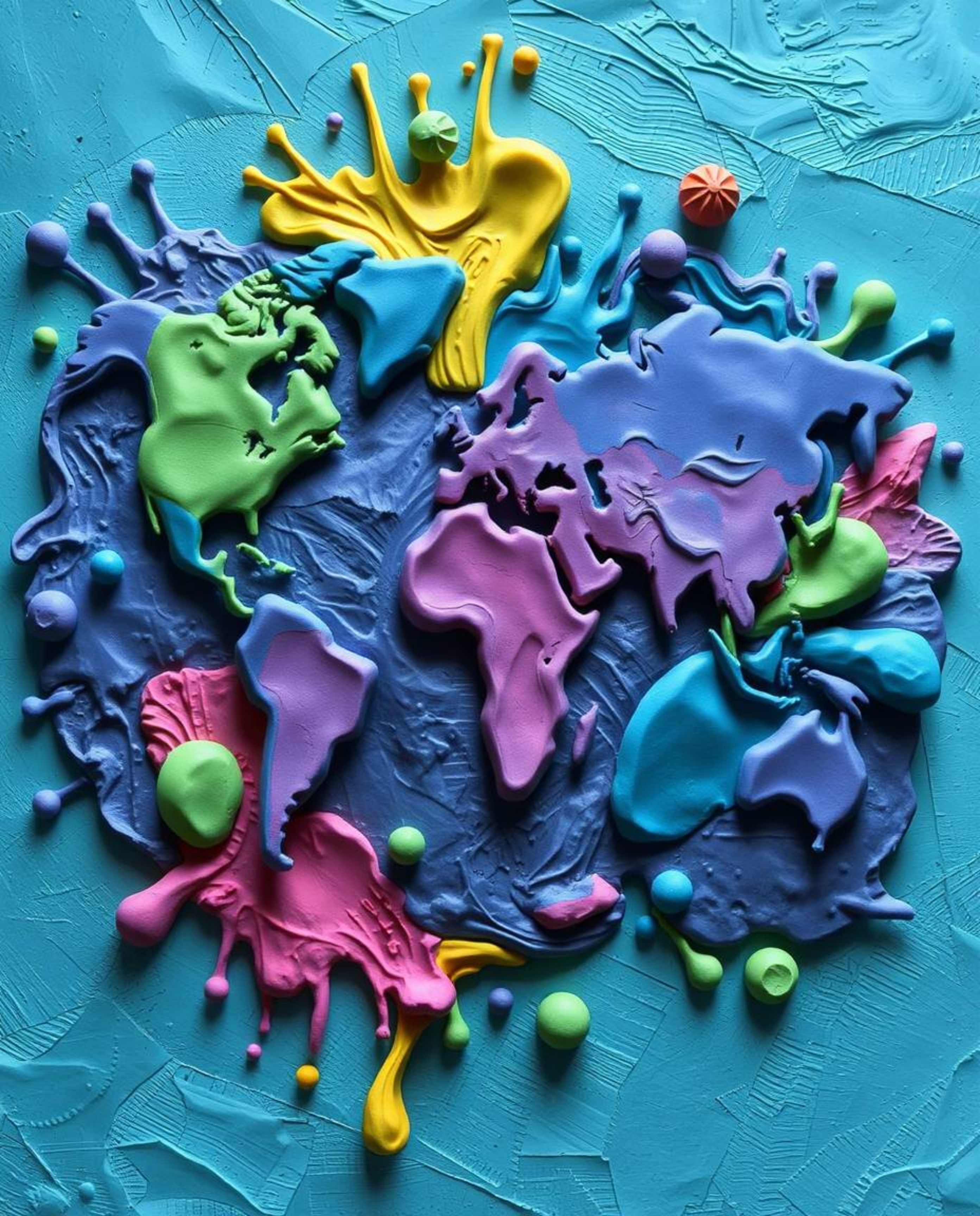 This stunning sculptural clay art piece depicts a world map bursting with vibrant colors. Blues, greens, and purples dominate