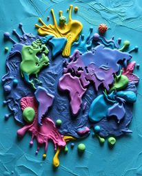 This stunning sculptural clay art piece depicts a world map bursting with vibrant colors. Blues, greens, and purples dominate