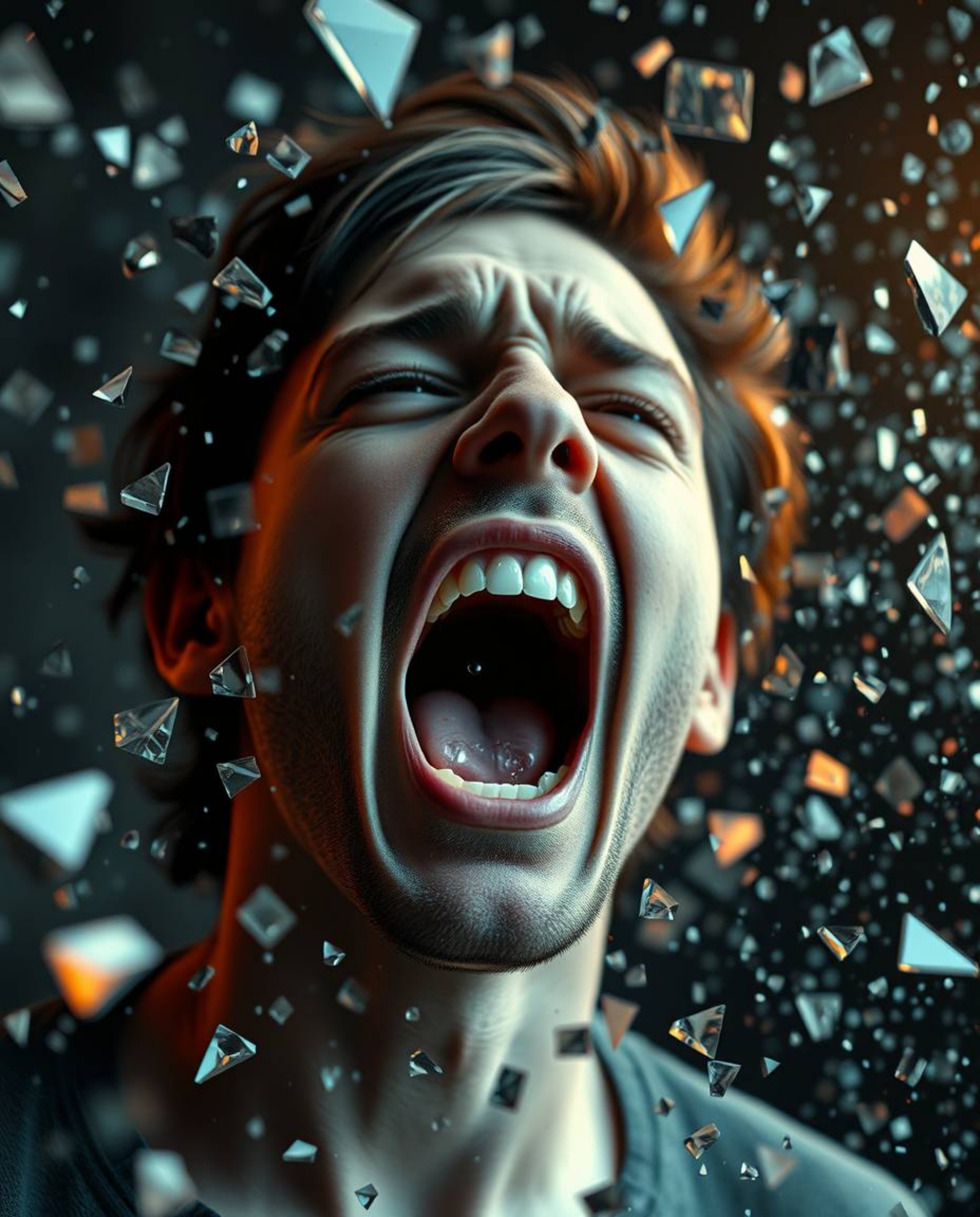 A captivating close-up shot depicts a person screaming as their world dissolves into a mesmerizing pixelated chaos.  The imag