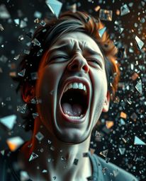 A captivating close-up shot depicts a person screaming as their world dissolves into a mesmerizing pixelated chaos.  The imag