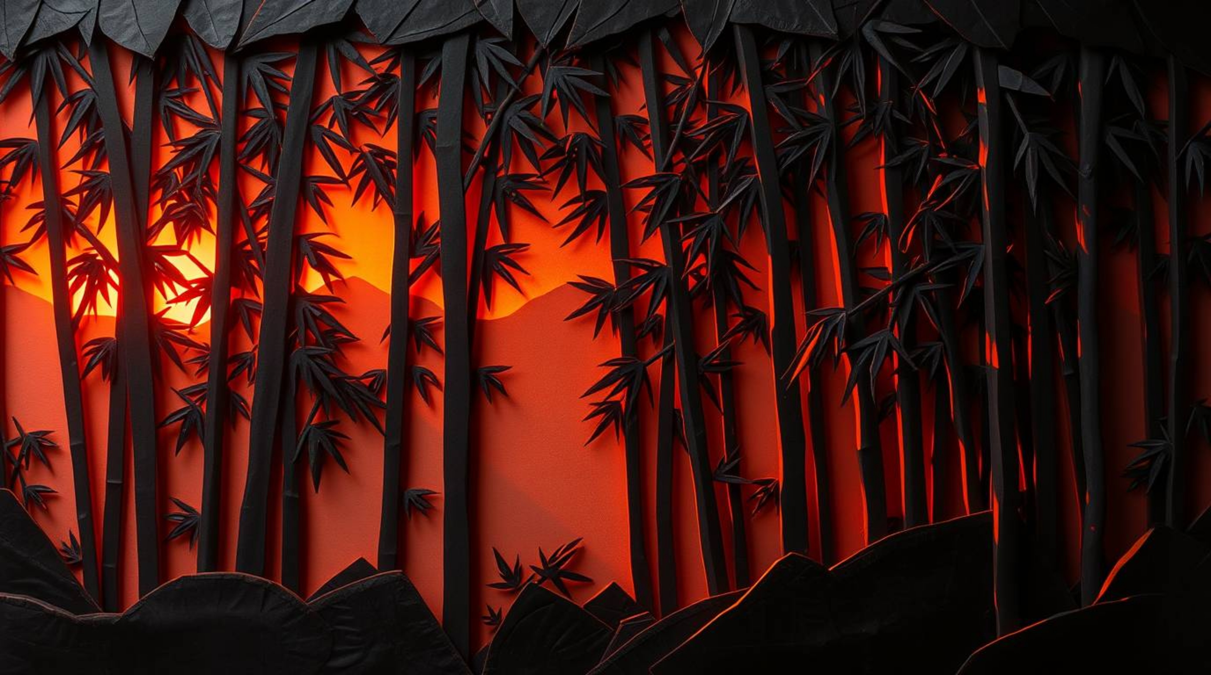 This layered papier-mâché artwork depicts a breathtaking bamboo forest bathed in the warm glow of a sunset. The high contrast