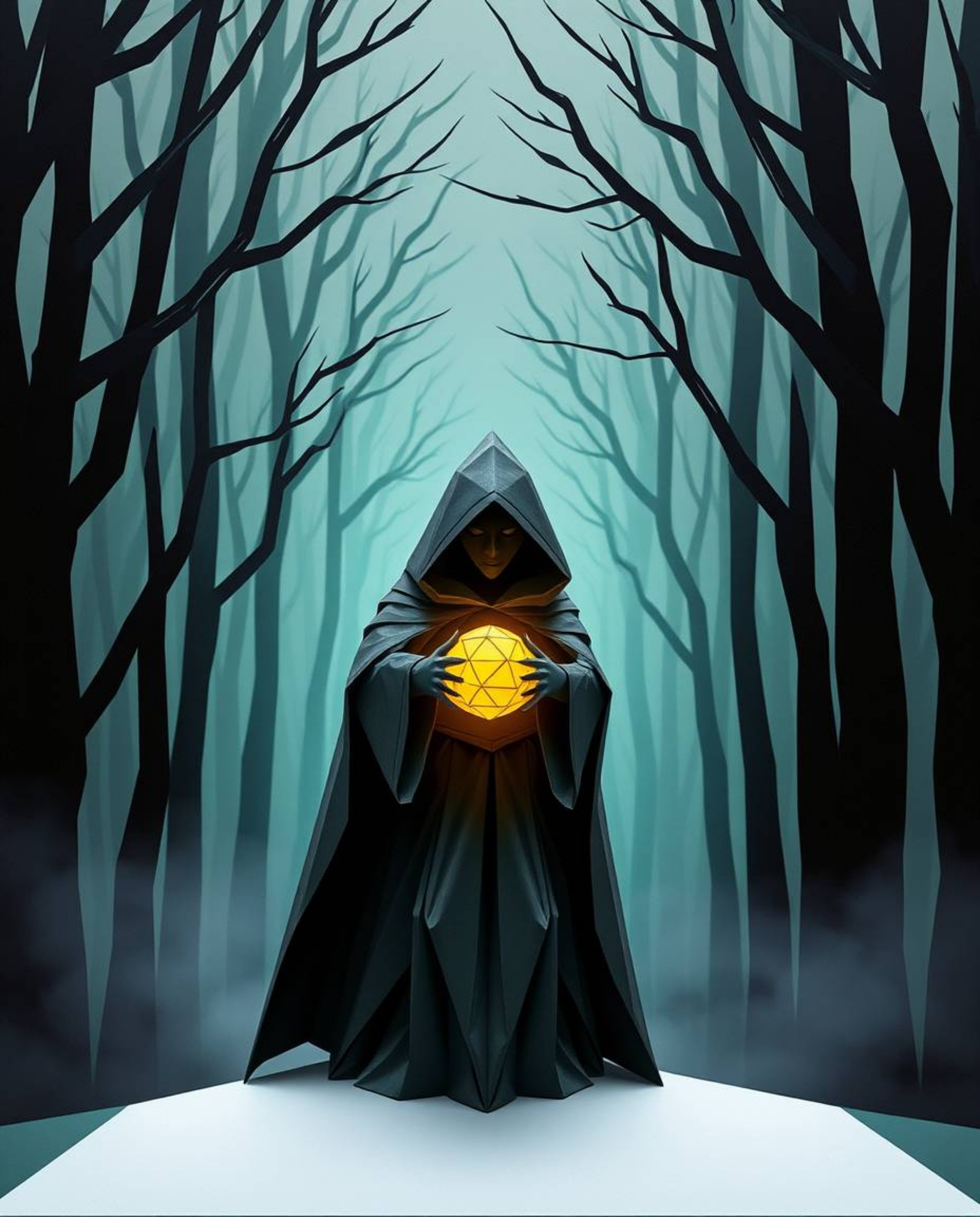 A captivating image of a cloaked figure in a misty forest, delicately rendered in an intricate origami style. The figure hold