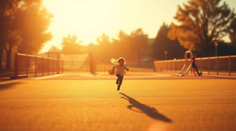 Experience a dramatic, slow-motion run through a playground depicted in a modern flat design with a warm golden glow. Simple