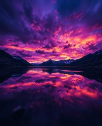 An extreme macro close-up captures the reflections of fiery clouds in a mountain lake, rendered in deep ultraviolet hues. The