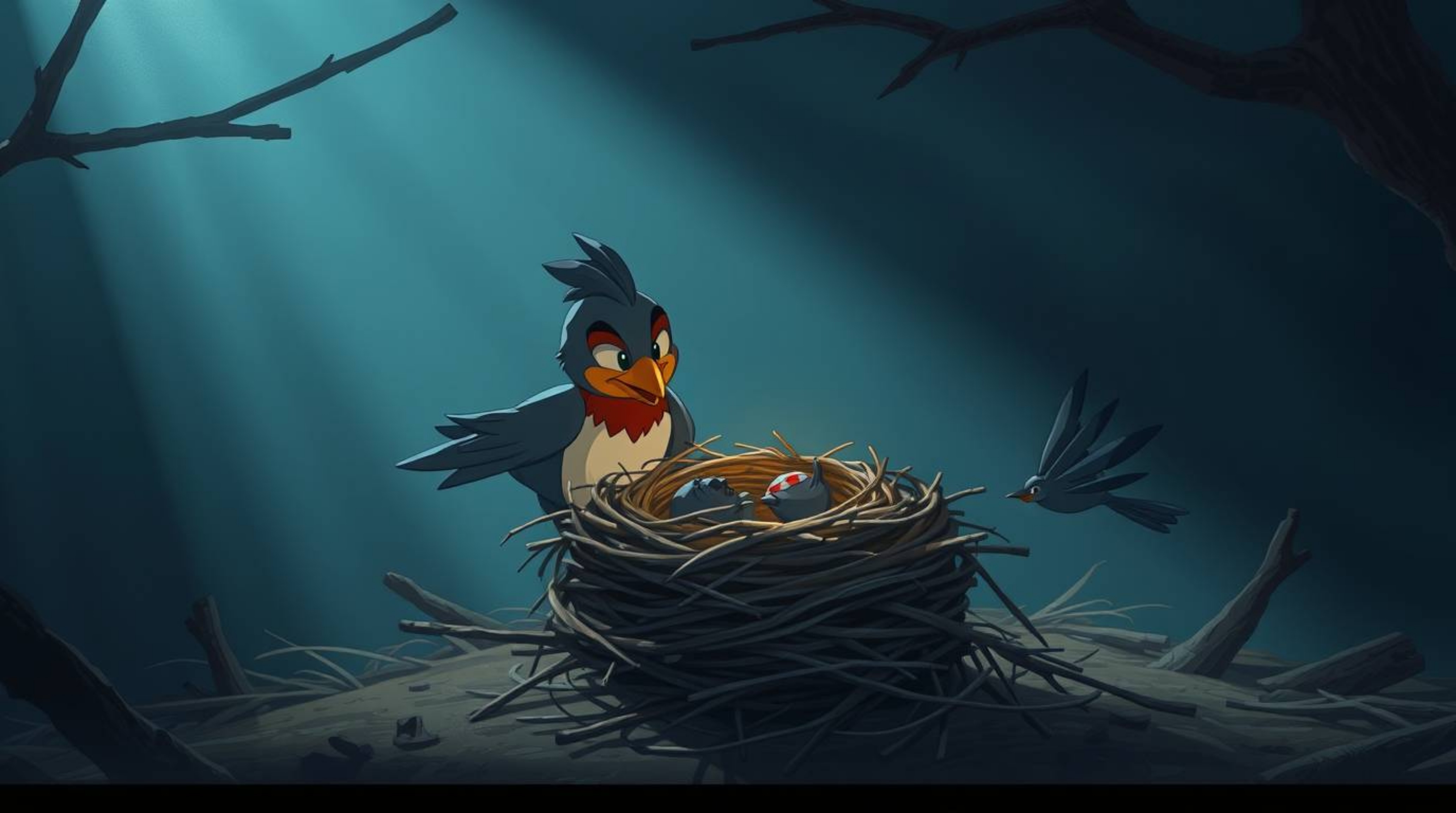 A captivating illustration in a classic animation style depicts two cartoon birds meticulously constructing their nest. Inte