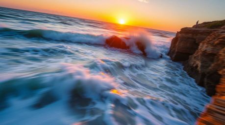 Experience the raw power and vibrant energy of waves crashing against majestic cliffs under a blazing sunset. This lively sce