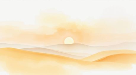 A delicate watercolor painting captures the soft, dreamy atmosphere of a hazy sunset over golden desert dunes.  Translucent w
