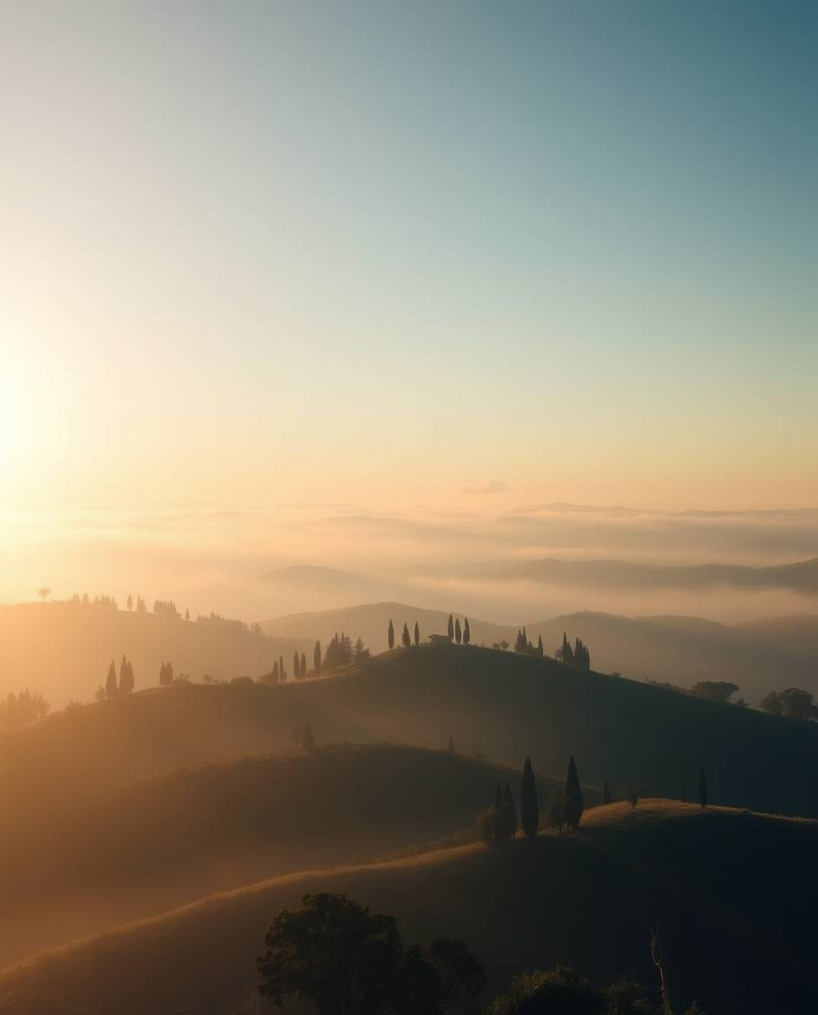 A graceful and elegant sunset over misty Tuscan hills, with volumetric lighting creating visible light beams through dust or 
