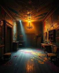 Experience a visual explosion of color and light in this captivating artwork. A room brimming with vibrant paint, illuminated