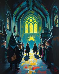 Explore a breathtaking acrylic painting depicting a magical school teeming with young wizards. This bold artwork features a h