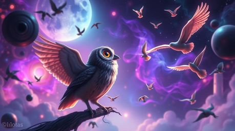 Explore a dreamlike world filled with surreal imagery and artistic lighting, featuring a Pixar-style blind owl who teaches bi