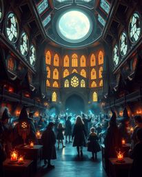 Experience an epic scene showcasing a magical school brimming with young wizards, all set within a breathtaking modern and fu