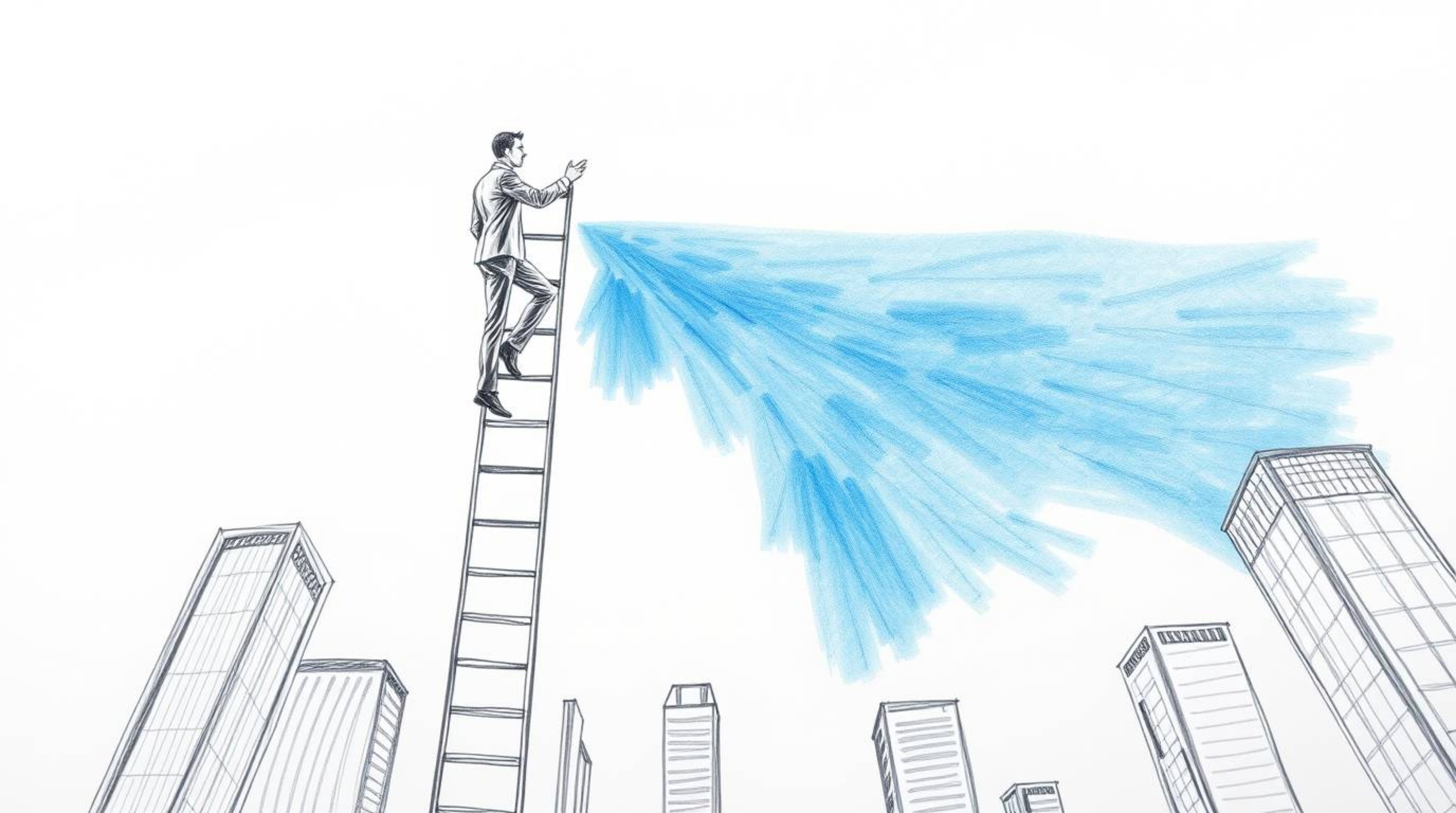 A hand-drawn sketch depicts a businessperson ascending a transparent ladder disappearing into a blue sky above skyscrapers, c