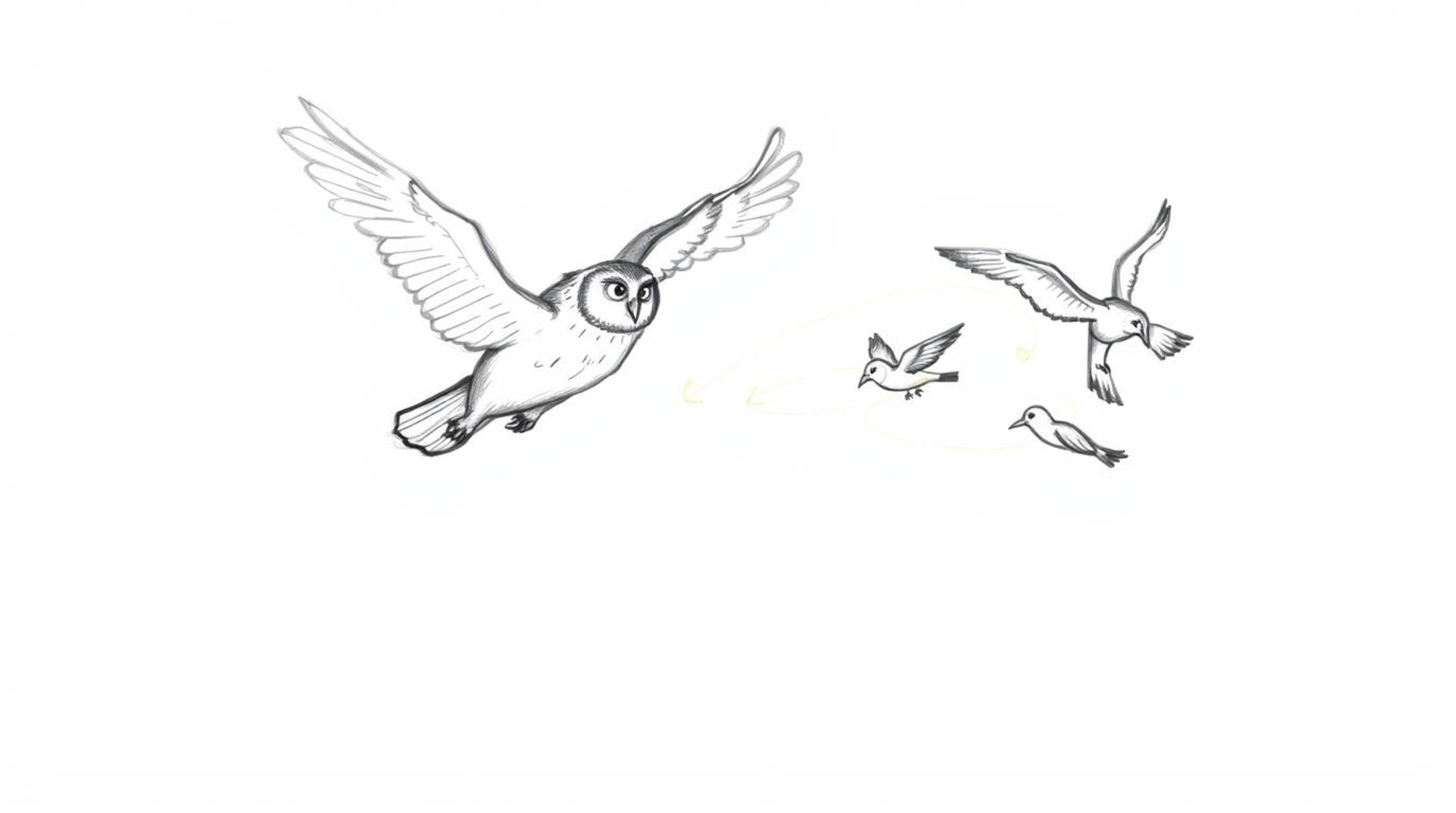 A captivating hand-drawn sketch in the style of Pixar depicts a blind owl in mid-flight, gracefully guiding several birds.  T