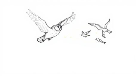 A captivating hand-drawn sketch in the style of Pixar depicts a blind owl in mid-flight, gracefully guiding several birds.  T