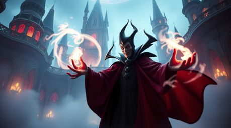 A classic Disney villain, reimagined in a heroic scale, is captured casting a spell within a grand, futuristic castle. This u