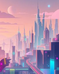 Explore a mesmerizing futuristic cityscape blending cyberpunk aesthetics with modern flat design.  Gentle color contrasts and