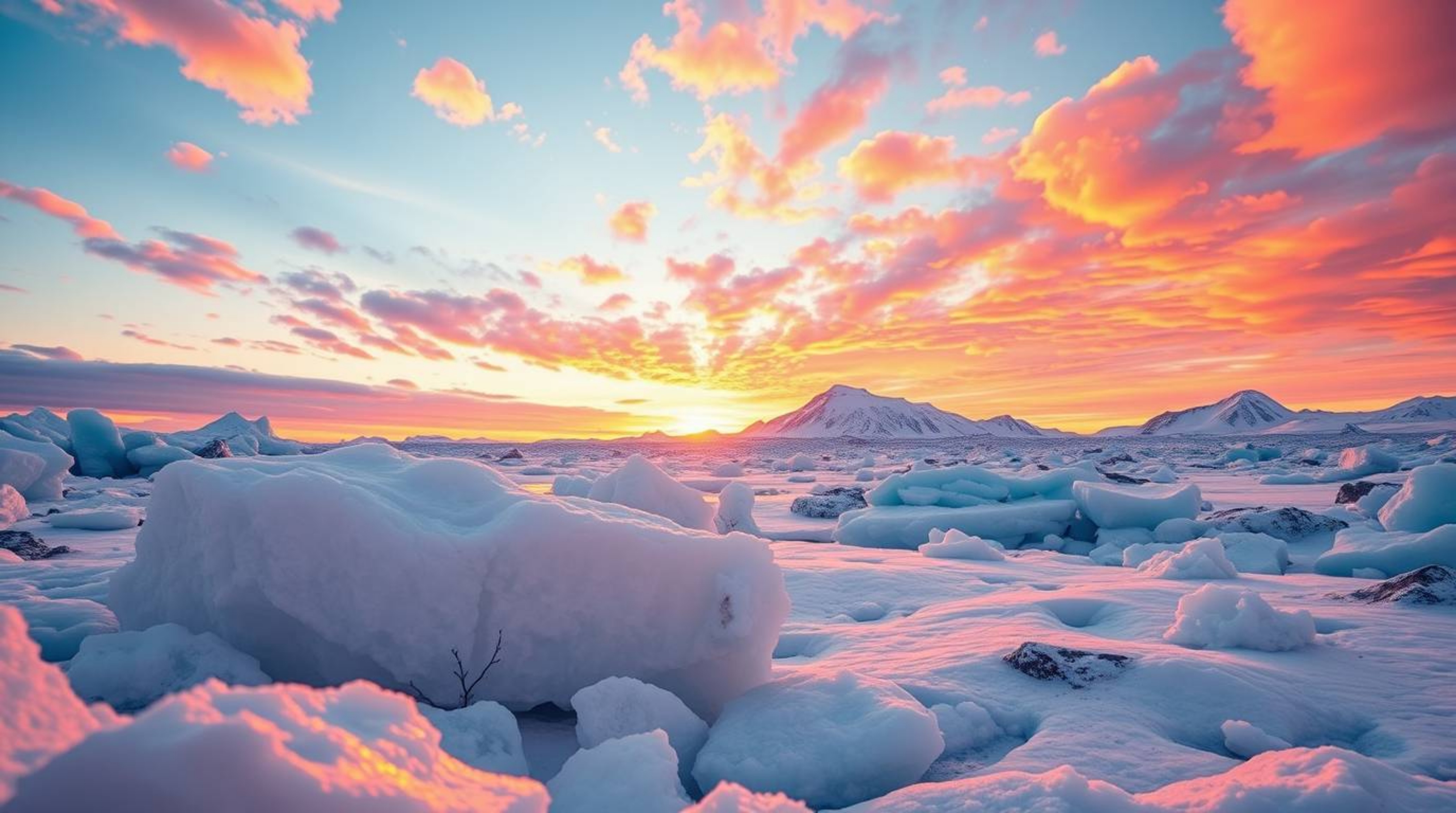 Experience an adorable and cute sunset over icy polar glaciers bathed in electric vivid colors. This charming artwork feature