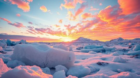 Experience an adorable and cute sunset over icy polar glaciers bathed in electric vivid colors. This charming artwork feature
