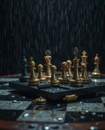 A captivating and unsettling scene featuring a chessboard with chess pieces suspended mid-air, seemingly frozen in a moment o