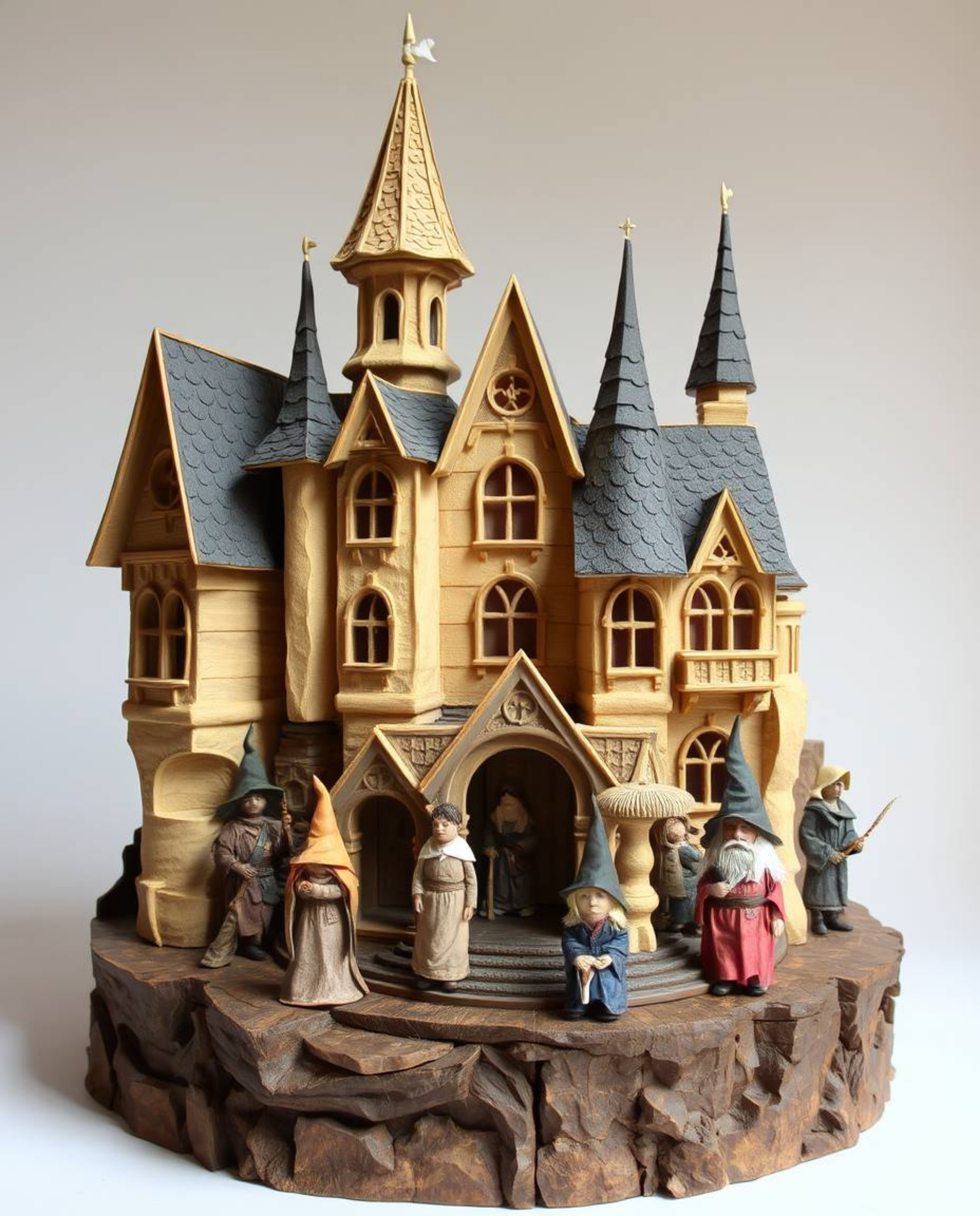 This unique layered papier-mâché sculpture depicts a magical school bustling with young wizards. The piece features carefully