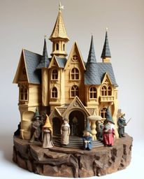 This unique layered papier-mâché sculpture depicts a magical school bustling with young wizards. The piece features carefully