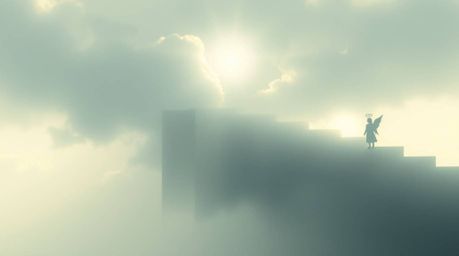 A cinematic digital painting evokes a dreamlike and peaceful mood through soft haze, low contrast, and soft focus. Steps of l