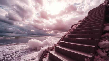 Witness a dramatically detailed close-up of a staircase rising from the ocean into a stormy sky, illuminated by a divine sunb