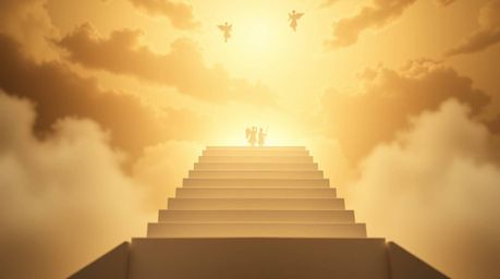 A dreamlike image unfolds in intricate origami style, softened by a cinematic haze. Steps of light ascend towards a cloudy sk