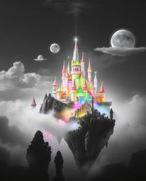 A captivating black and white photograph showcasing a vibrant kingdom with fantastical floating islands and majestic castles.