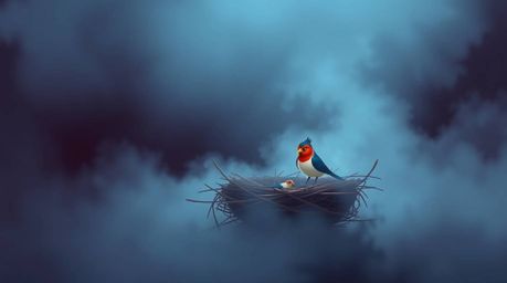 An ethereal, spiritual scene unfolds in rich burgundy and deep blue, shrouded in thick fog. Two cartoon birds, rendered in a