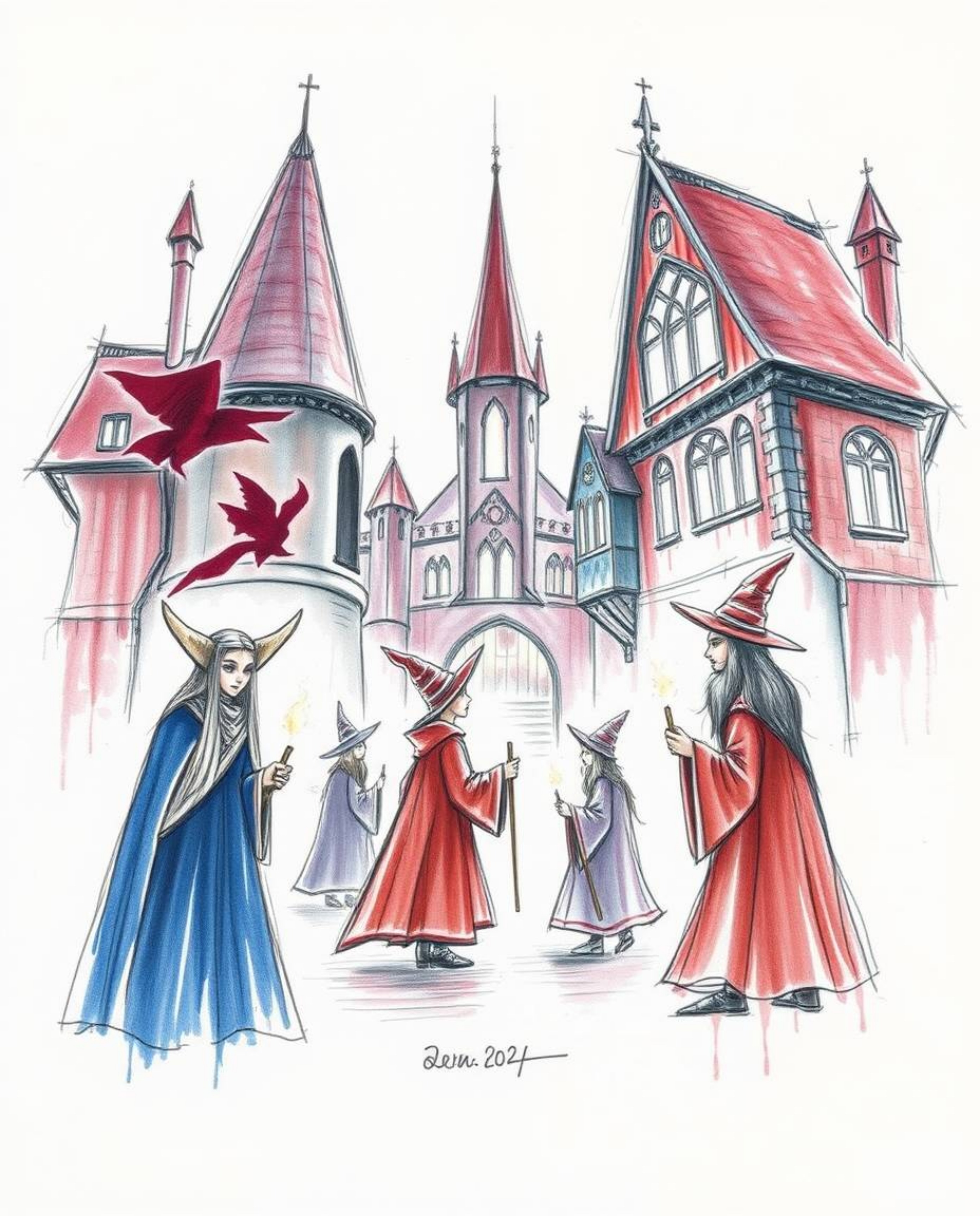 Explore a hand-drawn sketch of a magical school filled with young wizards, radiating an ethereal and spiritual vibe. The artw