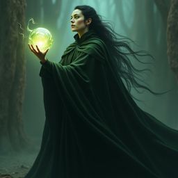 A powerful sorcerer shrouded in mystery, adorned in a cloak of living shadows, commands otherworldly power with a radiant orb