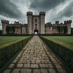 Discover the enchanting allure of an old European castle, complete with sprawling green lawns, a protective moat, and impress
