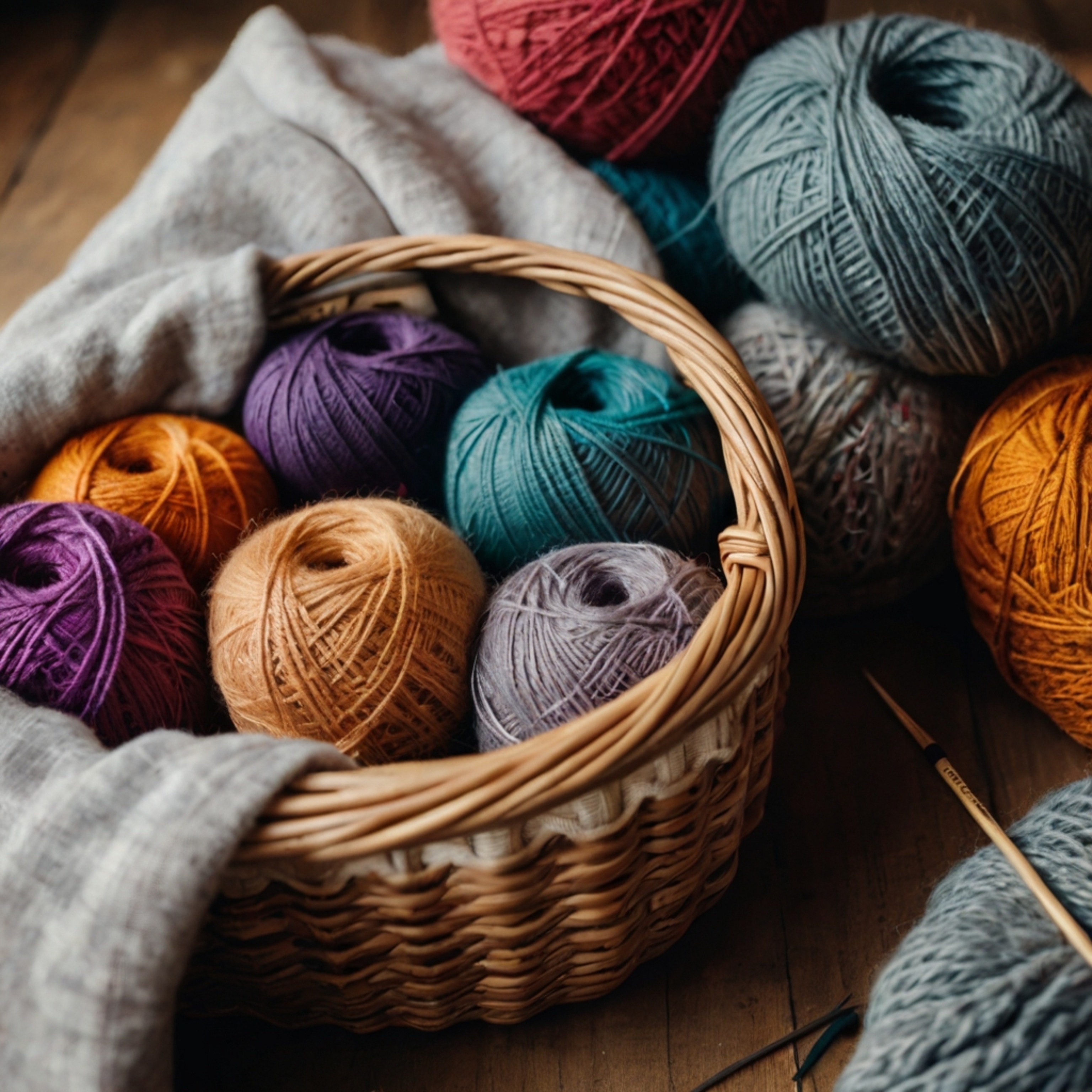 A charming image showcasing the heart of a knitting project. A basket overflows with vibrant, colorful yarns, perfectly posit