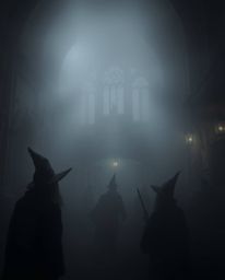 Immerse yourself in a captivating extreme macro shot of a magical school, shrouded in thick fog. This monochromatic image re