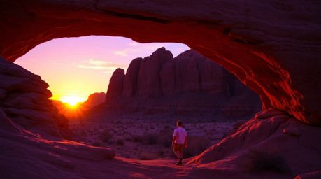 Witness the breathtaking beauty of a desert sunset framed by a natural rock arch. This captivating scene features a blend of 