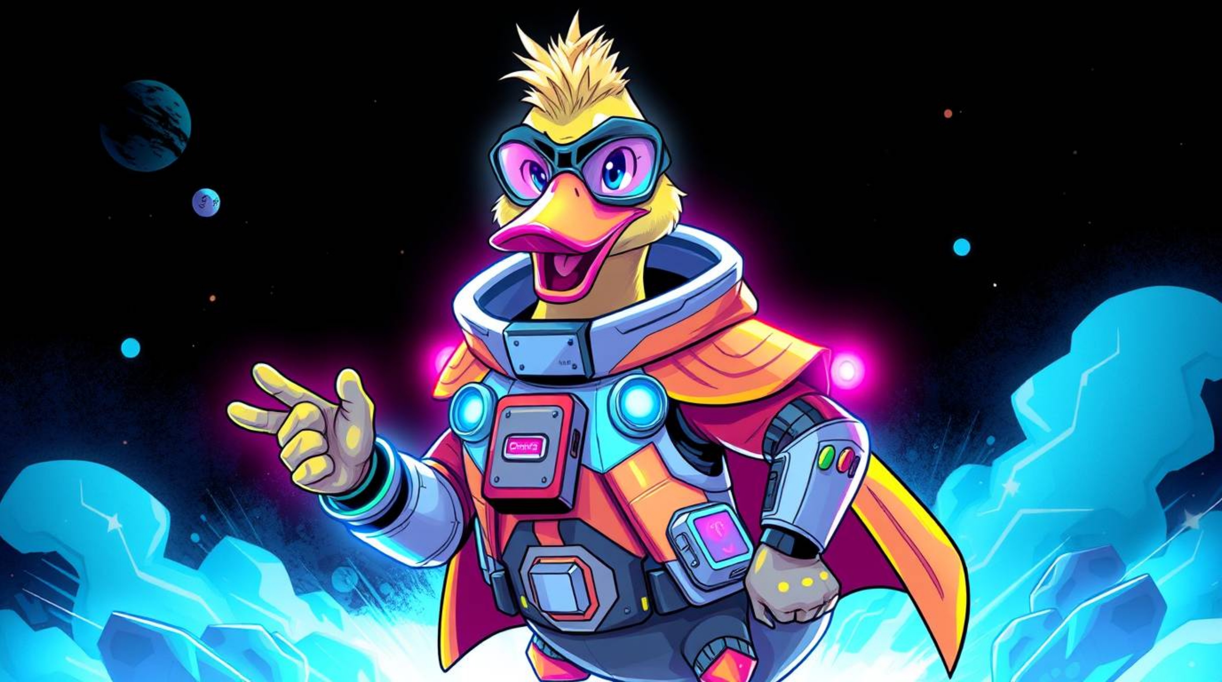 Explore a captivating futuristic sci-fi illustration of a duck donning a zany superhero costume. Featuring electric vivid col