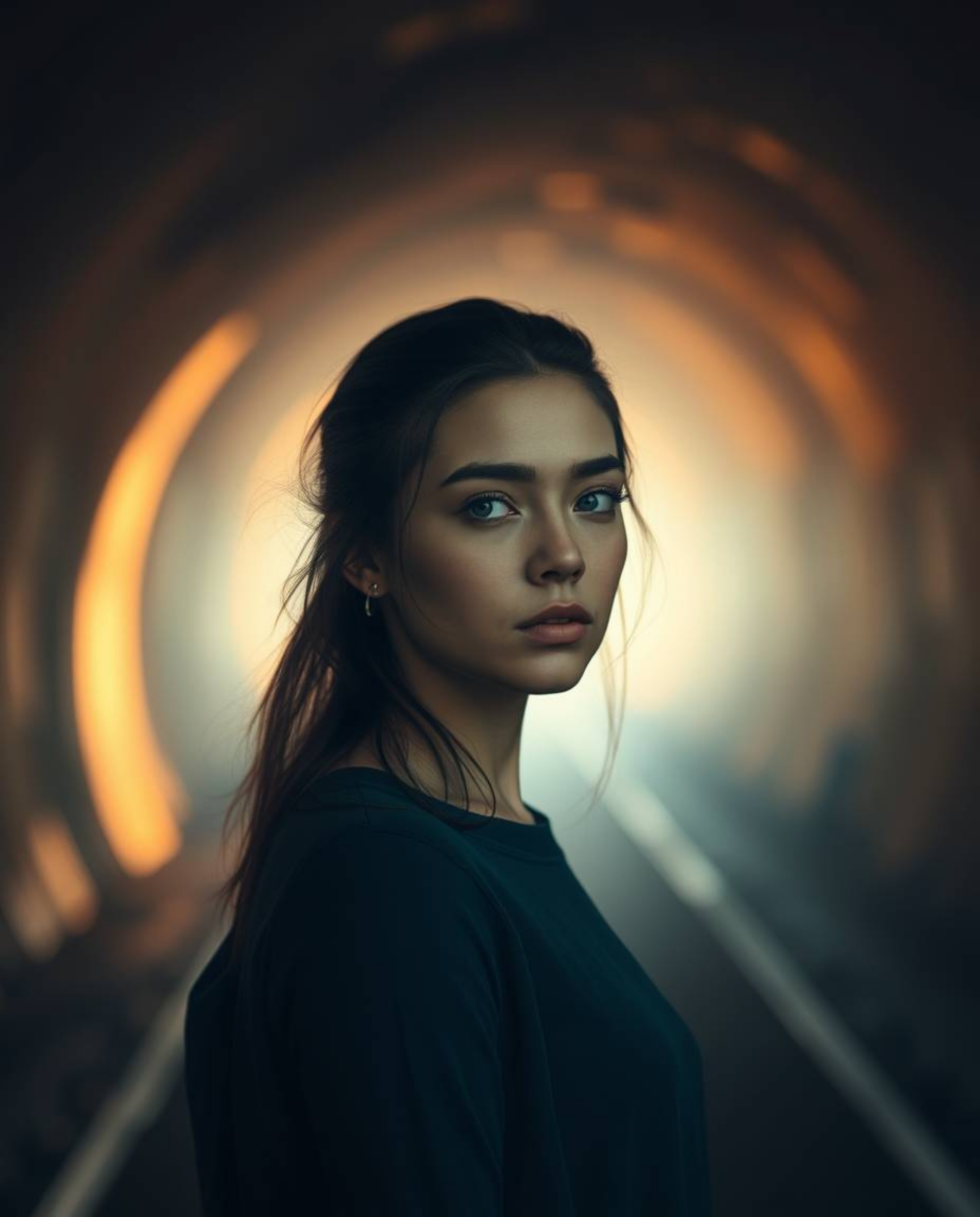 A captivating image depicts a person with soft features standing at the edge of a tunnel, bathed in soft light. The scene is 