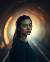 A captivating image depicts a person with soft features standing at the edge of a tunnel, bathed in soft light. The scene is 