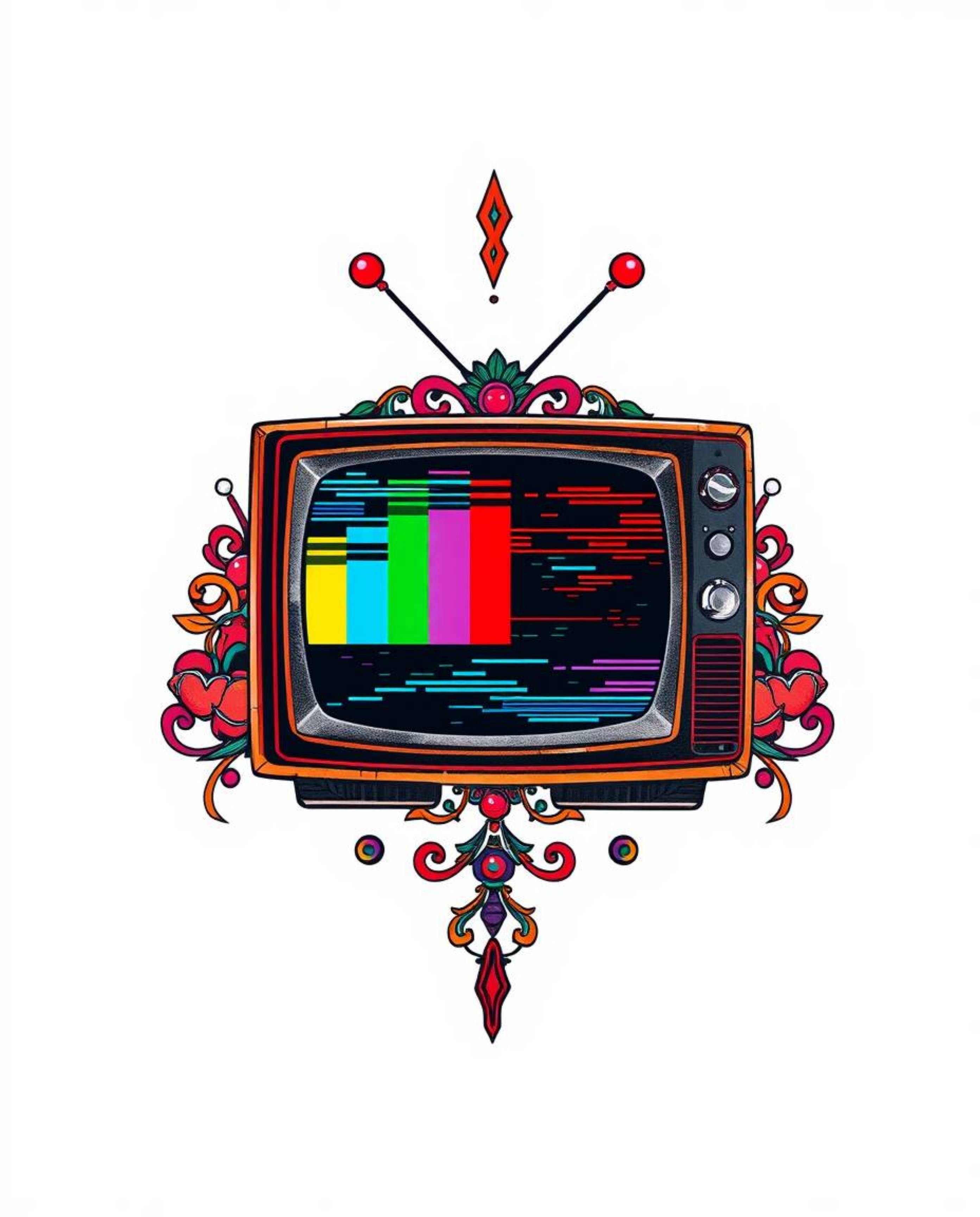 A vibrant tattoo art print showcasing a retro-style TV screen glitch with RGB separation.  The design features soft diffused 