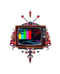 A vibrant tattoo art print showcasing a retro-style TV screen glitch with RGB separation.  The design features soft diffused 