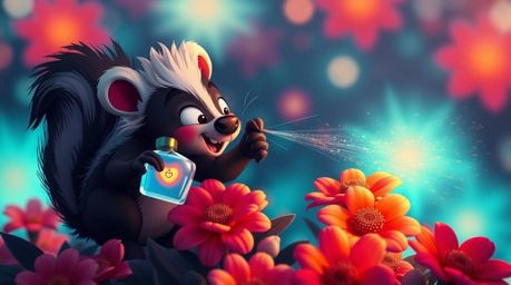 A surreal cartoon skunk is depicted spraying perfume on flowers, bathed in glowing bioluminescent and infrared colors. Natura