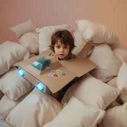 Capturing the vibrant imagination of a young boy with messy brown hair and bright eyes, this high fashion photography series 