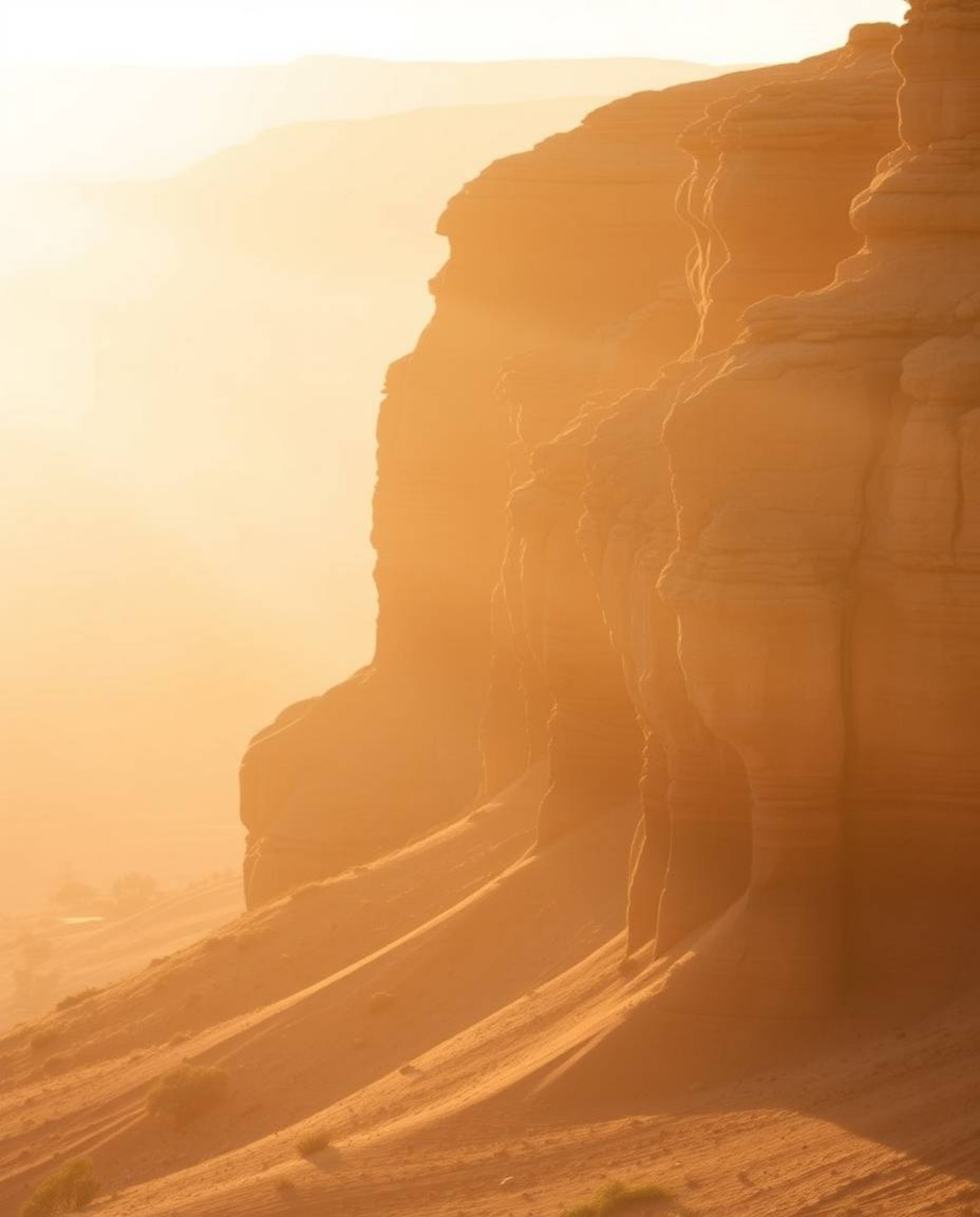 A soft, dreamy atmosphere envelops sandstone cliffs as they are bathed in the warm glow of golden hour light at sunset. The s